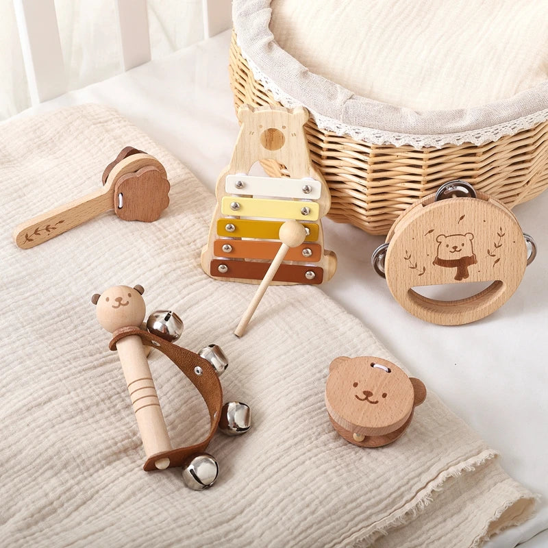 5pc Set Montessori Toys Baby Music Toys Musical Instrument Wooden Educational Toys Baby 0 3 Years Toys Bear Xylophone toys Gifts