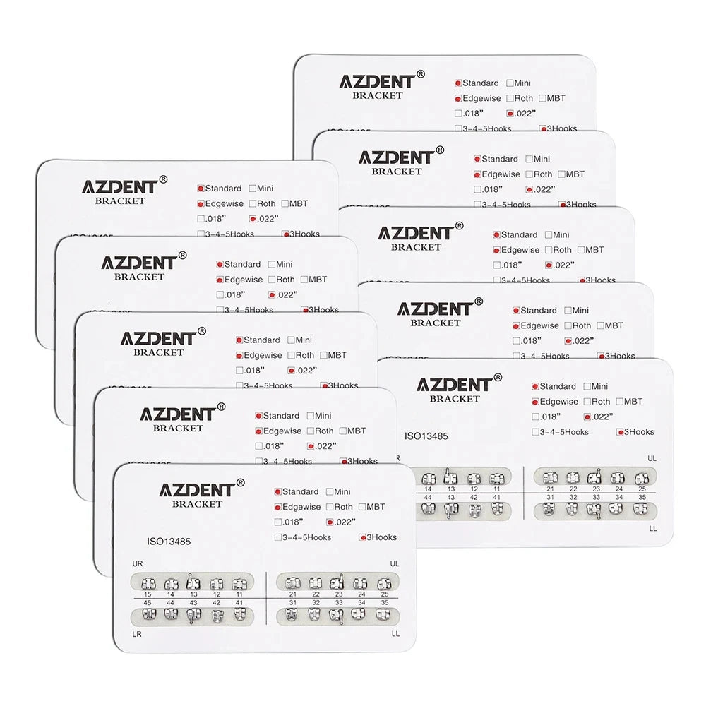 AZDENT 10Packs Dental Brackets Orthodontic Brace Metal Mini Standard Roth MBT Slot 0.022 0.018 Hooks 3-4-5 20pcs per Pack