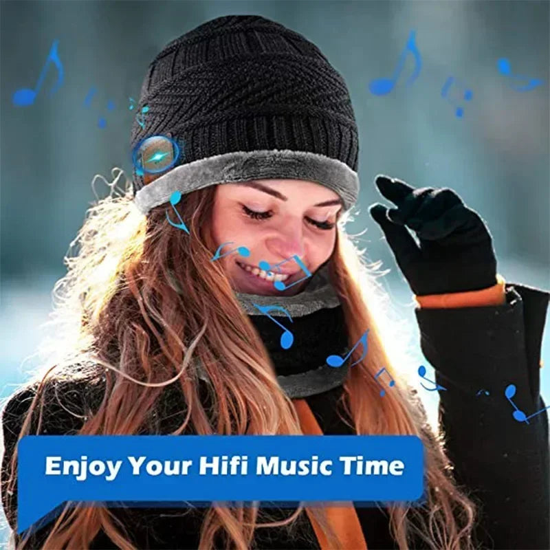 5.0 Headset Headband Warm Music Hat with Soft Scarf Microphone 2in1 for Handsfree Call Outdoor Sport Cap Gifts Winter Bluetooth