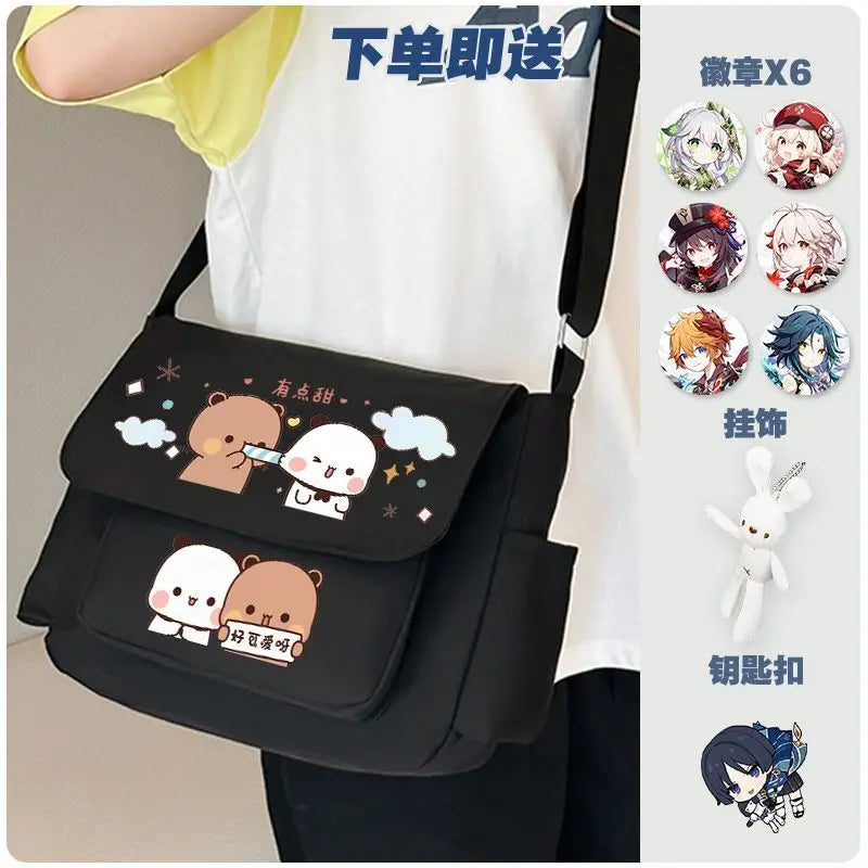 Cartoon bubu and Yier high-capacity Shoulder Bags Student Sports Crossbody Backpack Black White Messenger Bag Girl birthday gift