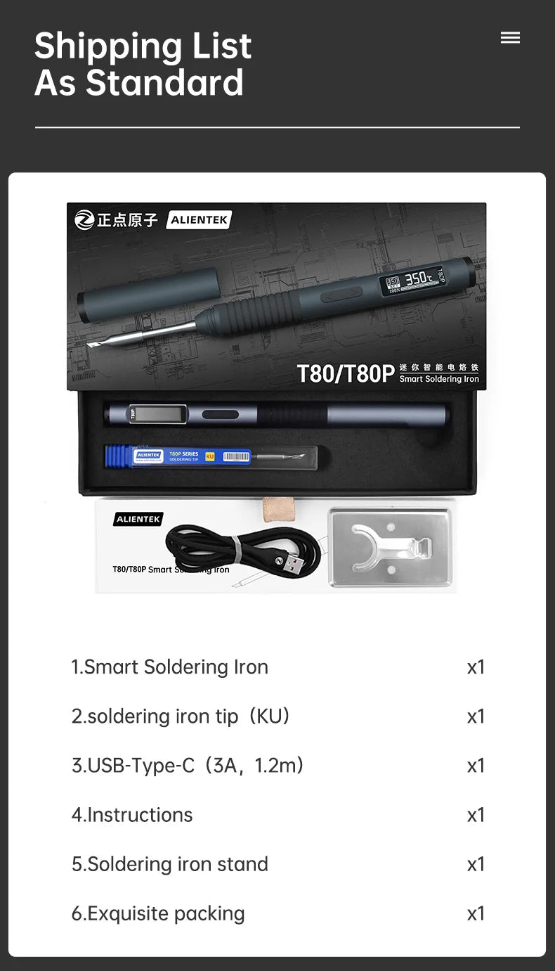 ALIENTEK T80 T80P Smart Soldering Iron PD 65W QC Adjustable Constant Temperature Portable Smart Soldering Iron Kit C245 Tools