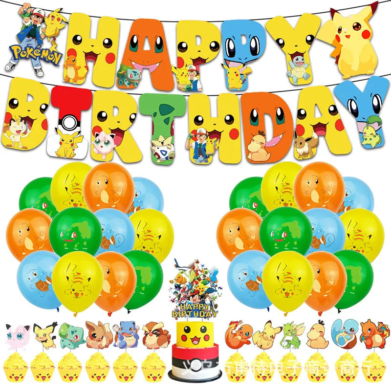 Cartoon Pikachu Theme Birthday Party Disposable Tableware Set Balloons Decorations Photo Props Background Pokemon Party Supplies