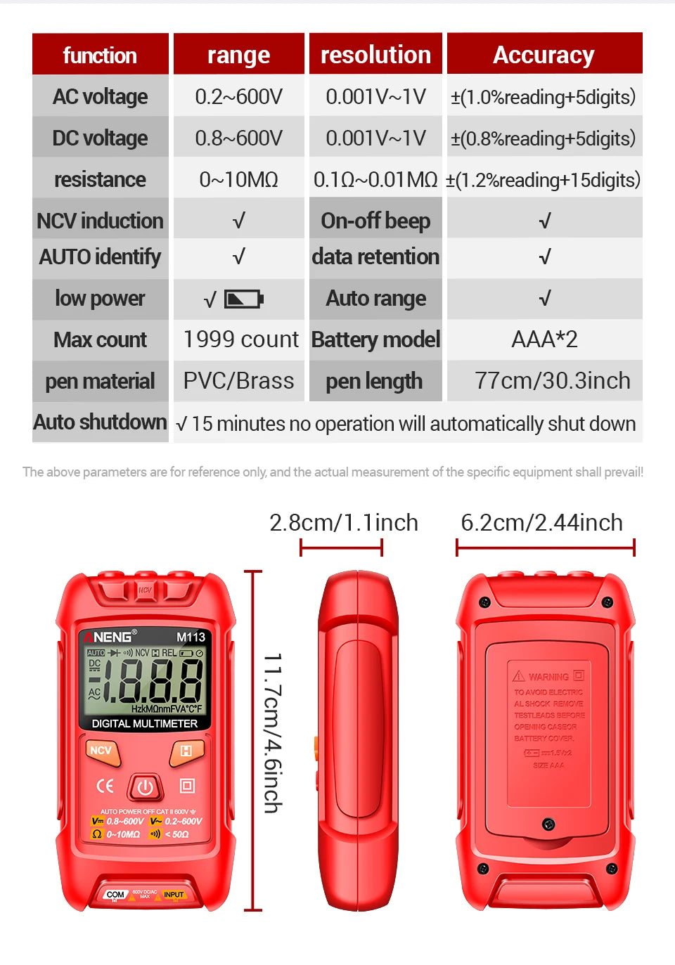 ANENG M113 Mini Digital Multimeter AC/DC Voltage Meter 1999 Counts Multimetro Ohm NCV Electricity Tools Measuring Instruments