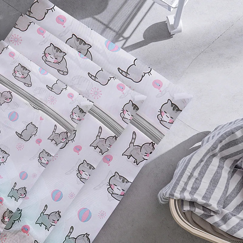 Cartoon Cat Printing Laundry Bag for Washing Machines Lingerie Wash Bags Foldable Dirty Clothes Bag Bra Underwear Laundry Basket