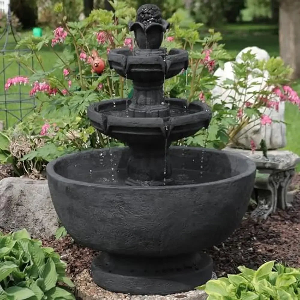 34" 3-Tier Outdoor Water Fountain Waterfall Feature Patio Yard or Lawn Resin Material Relaxing Sounds Easy Setup Dark Gray