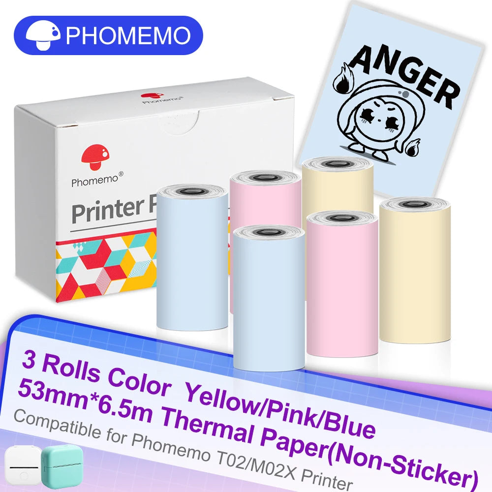 6 Rolls Phomemo Thermal Paper Adhesive Sticker DIY label Sticker Thermal Paper for T02 M02X Mini Portable Thermal Printer