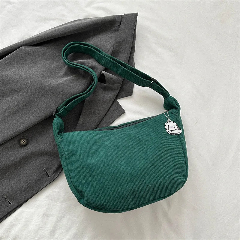 Black Corduroy Bags for Women Japanese Canvas Large Single Shoulder Crossbody Dumpling Bag Student Korean Casual Simple Handbag