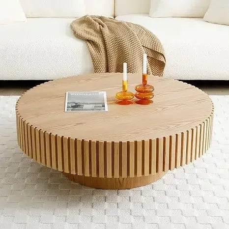 39.37'' Round Coffee Table Modern Wood Coffee Table for Living Room, Contemporary Circle Fluted Drum Coffee Table, No Assembly