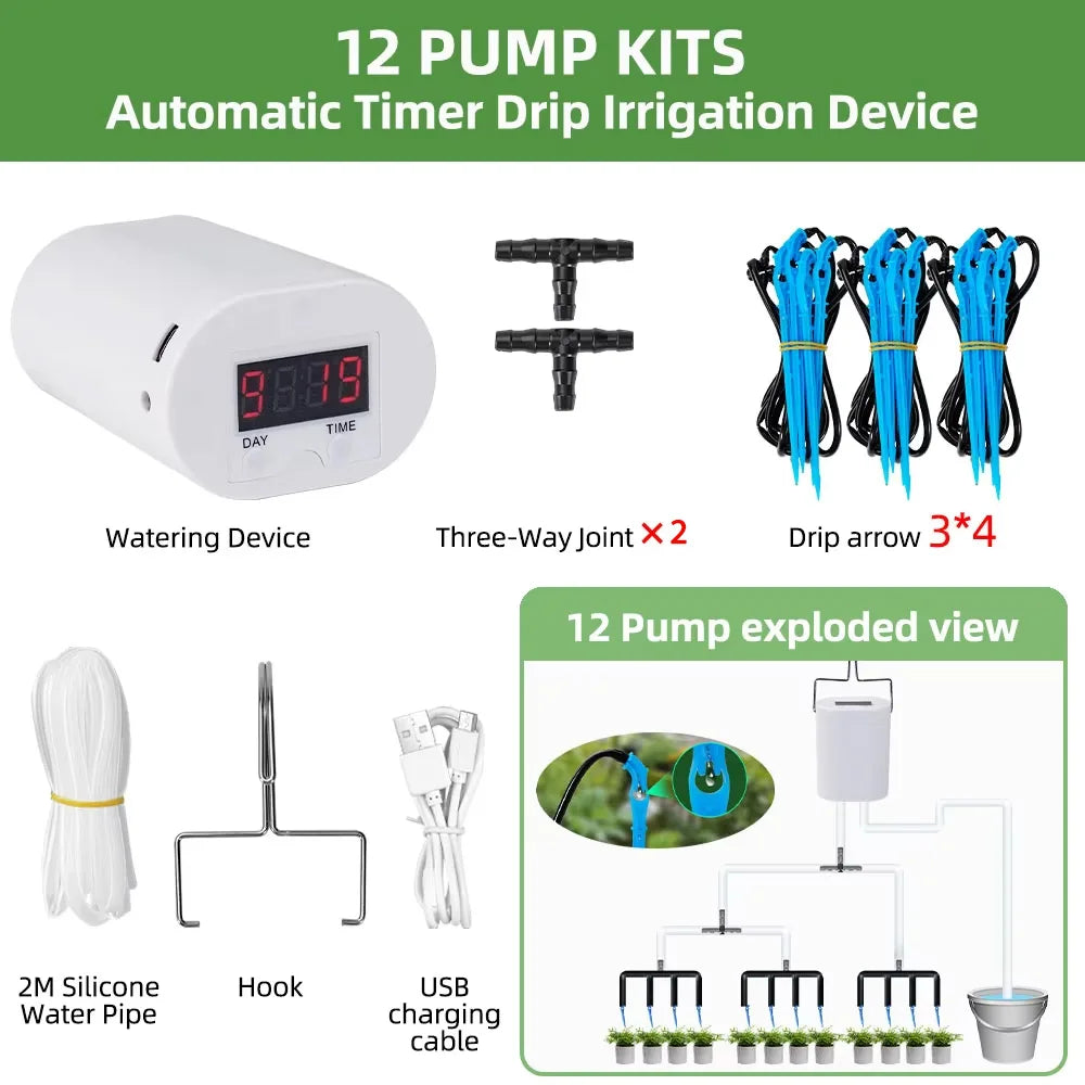 Automatic Plant Flower Watering Pump Home Sprinkler Drip Irrigation Device 2/4/8/16 Heads Pump Timer System Kit Garden Tool