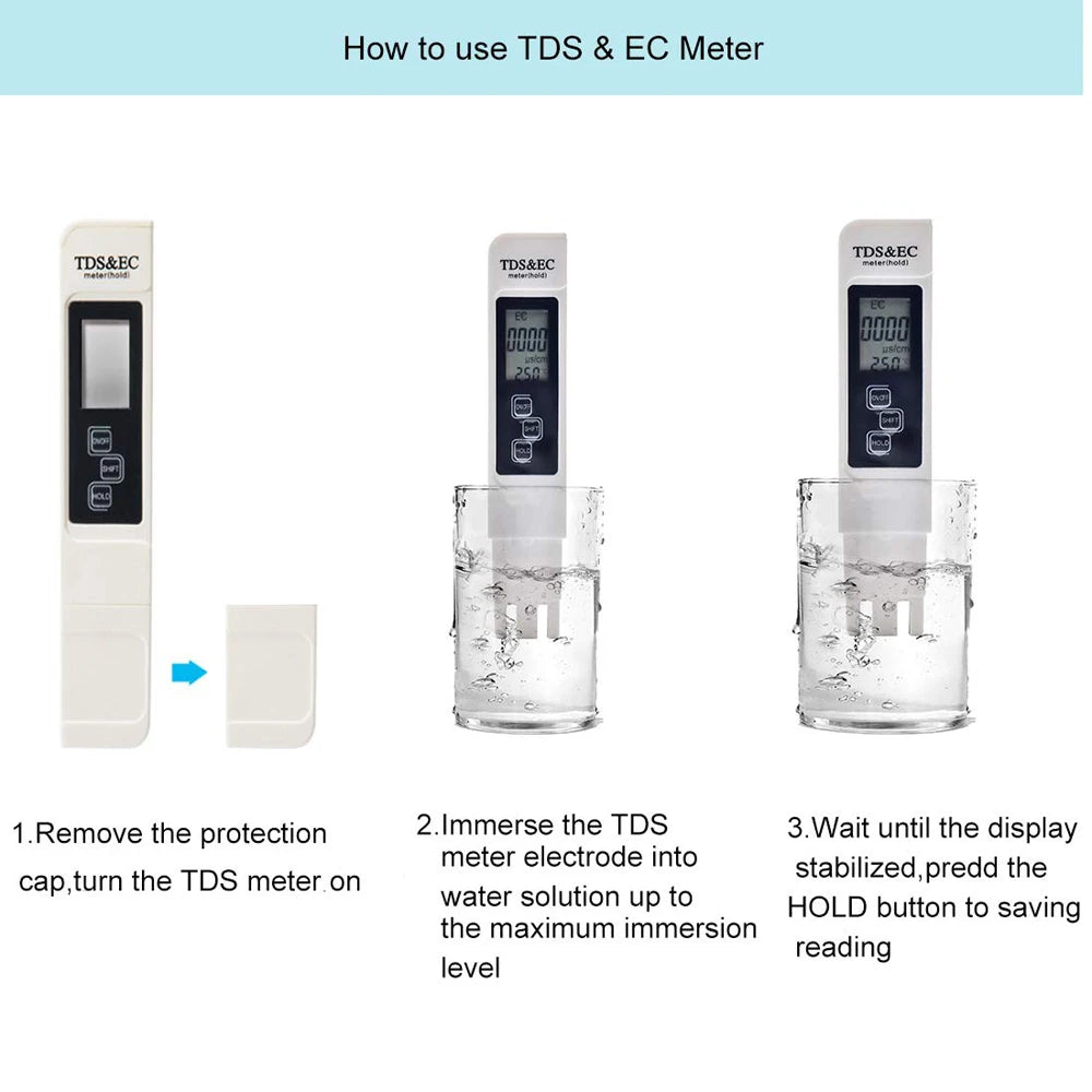 1PC White Digital Water Quality Tester TDS EC Meter Range 0 to 9990 Multifunctional Water Purity Temperature TEMP PPM Tester