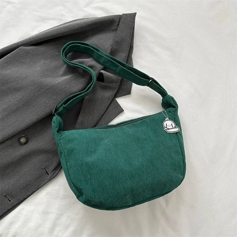 Black Corduroy Bags for Women Japanese Canvas Large Single Shoulder Crossbody Dumpling Bag Student Korean Casual Simple Handbag