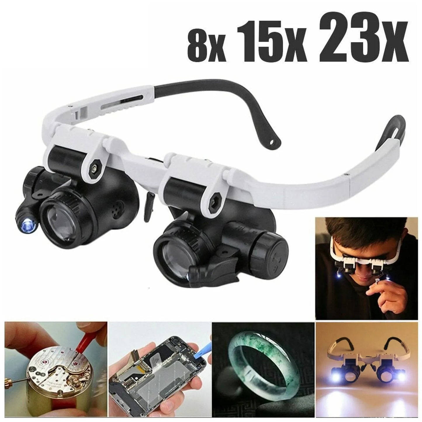 2XLED Watch Jeweler Repair Magnifier Head-Mounted Headband Adjustable Magnifying Head Eye Glasses Loupe Lens 8X 15X 23X