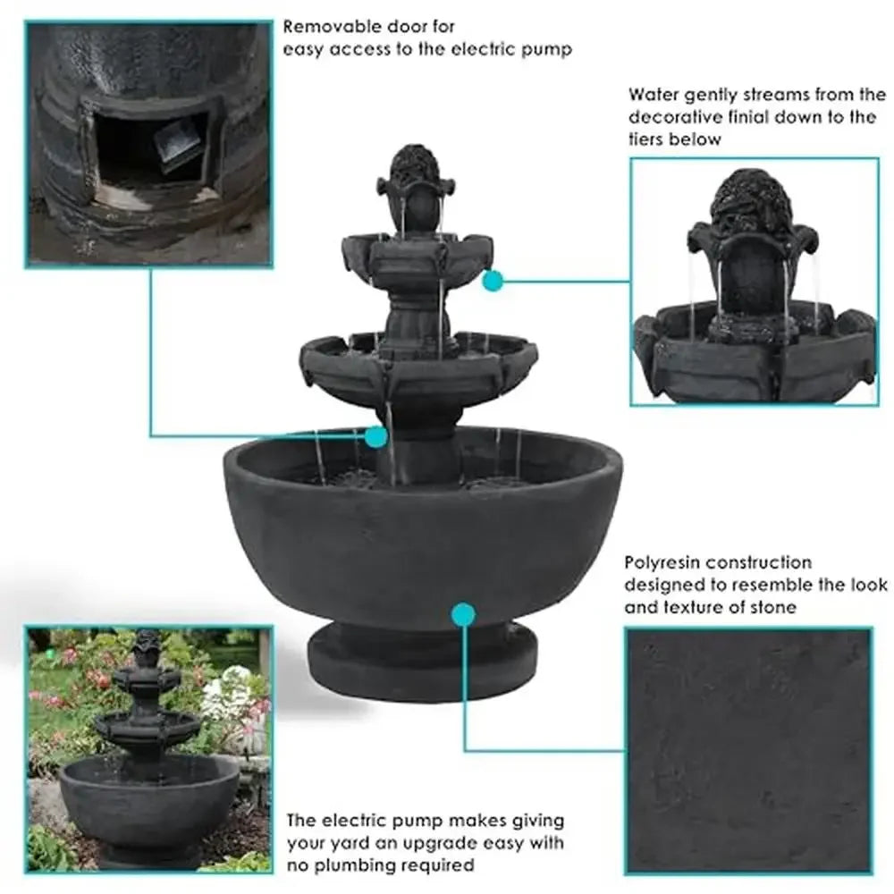 34" 3-Tier Outdoor Water Fountain Waterfall Feature Patio Yard or Lawn Resin Material Relaxing Sounds Easy Setup Dark Gray