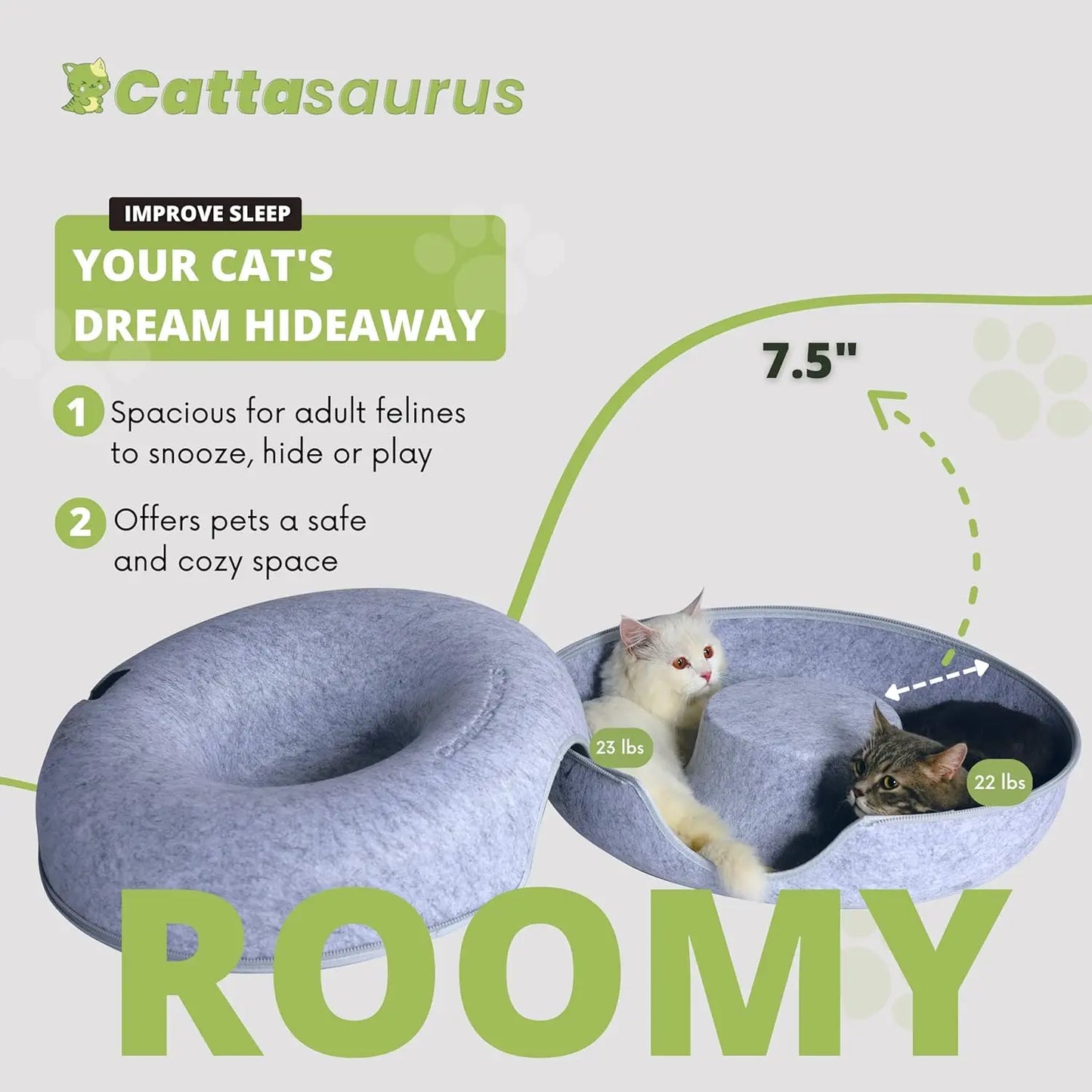 CATTASAURUS Peekaboo Cat Cave for Multiple & Large Cats Up to 30-45 Lbs, Scratch Detachable & Washable Tunnel Bed,Donut Cat Cave