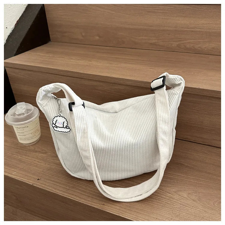 Black Corduroy Bags for Women Japanese Canvas Large Single Shoulder Crossbody Dumpling Bag Student Korean Casual Simple Handbag