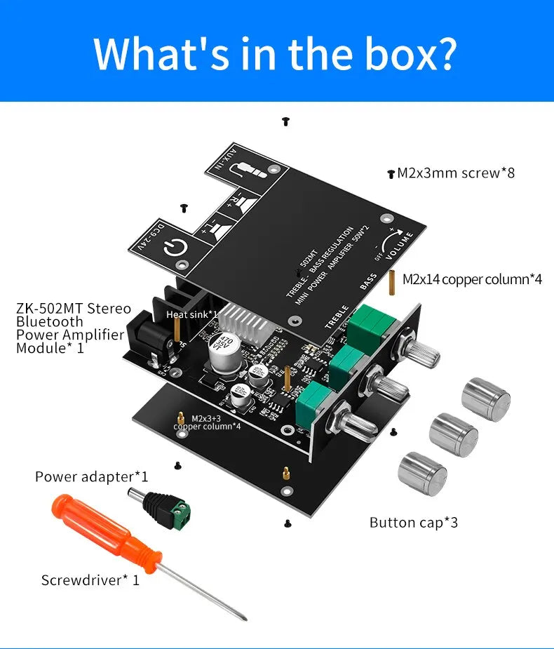 ZK-502MT Bluetooth 5.0 Subwoofer Amplifier Board 2.0 Channel High Power Audio Stereo Amplifier Board 2X50W Bass AMP