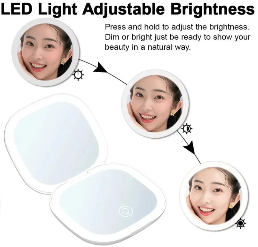 2 Face Sides Touch Compact Led 3 Colors Mini Foldable Cosmetic Charge Makeup Mirror With Light 5X Magnifying Small Pocket Travel