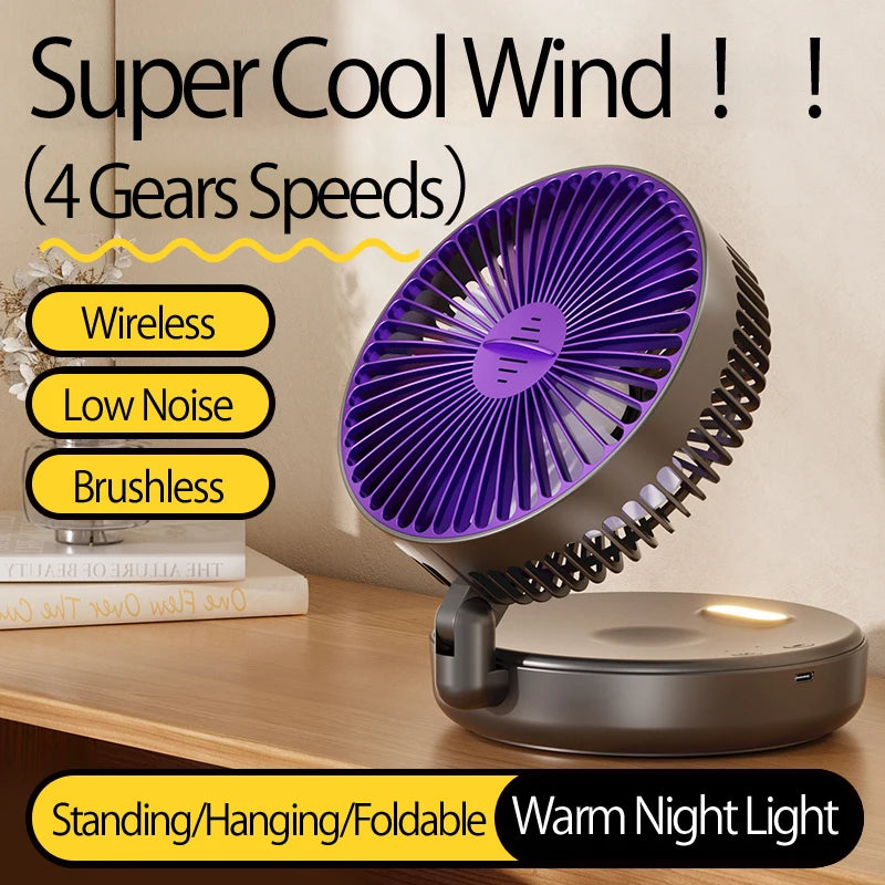 2024 New 5000mAh Rechargeable Table Fan Portable Air Conditioner Wall Mounted Fan 90° Folding Fan 4 Gears with Warm Night Light