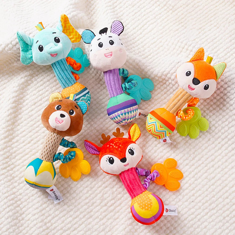 Baby Rattles Soft Stuffed Animal Rattle Hand Grip Baby Toys Shaker Crinkle Squeaky Sensory Travel Accessories for Toddler Gifts