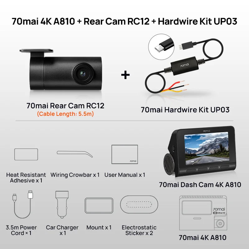 70mai Dash Cam A810 UHD 4K 150FOV GPS ADAS 24H Parking 4G Connectivity Car DVR 70mai 4G A810 HDR Dual-Channel Route Tracking