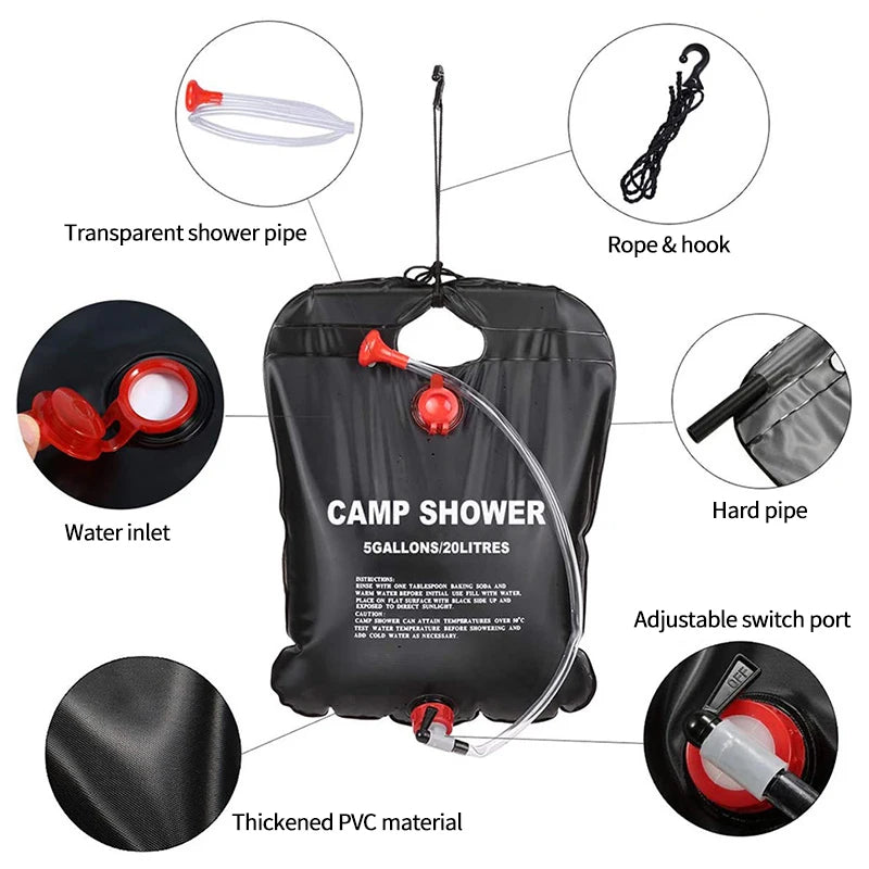 20L/40L Camping Shower Bag Foldable Shower Bags Camping with Removable Hose Shower Head Water Storage Bag Sun Heated Water Bag