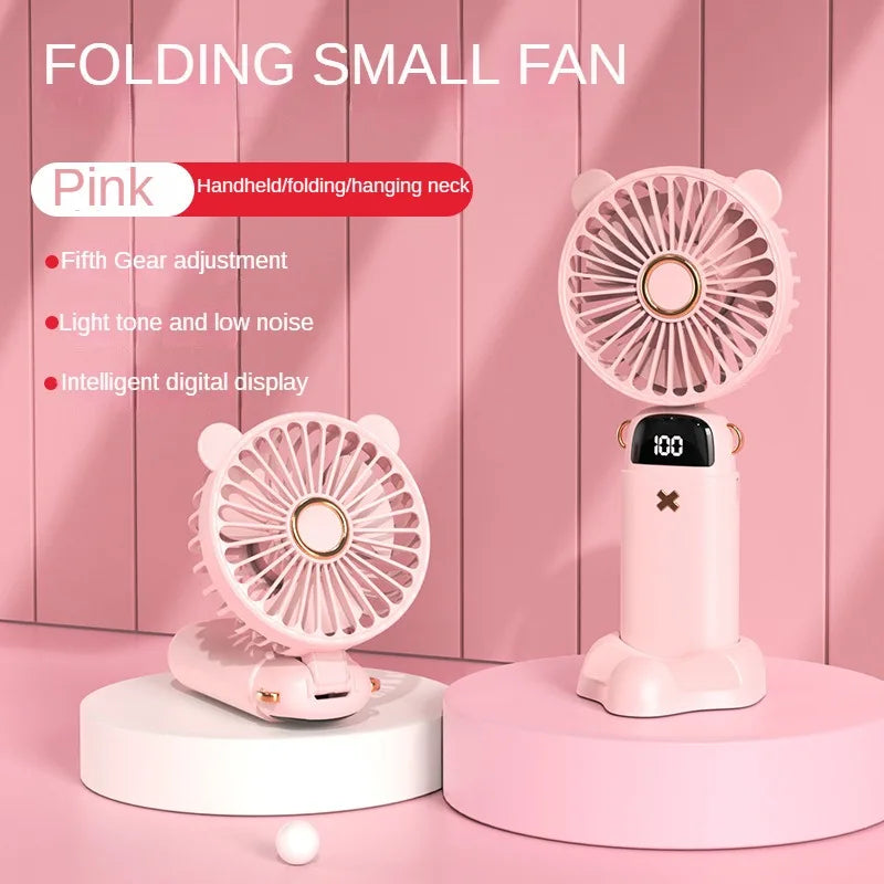 3000mAh Handheld Mini Fan Foldable Portable Neck Hanging Fans 5 Speed USB Rechargeable Fan with Phone Stand and Display Screen