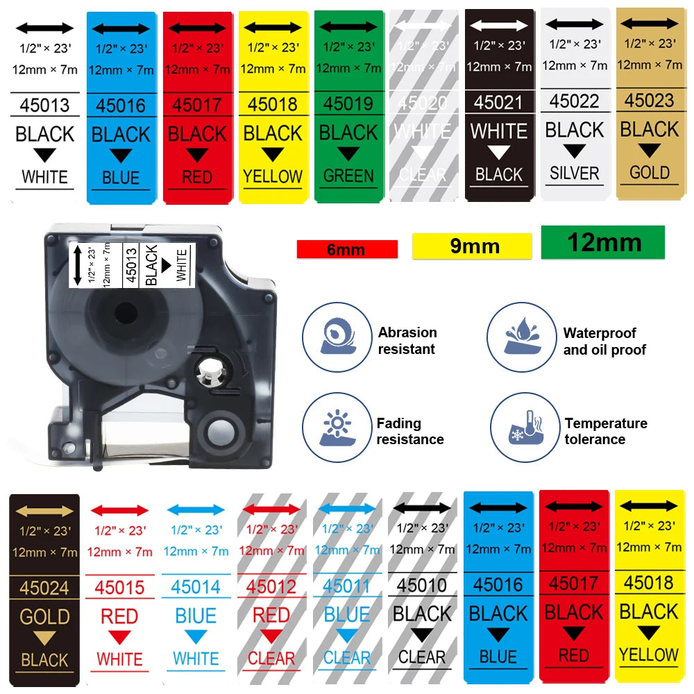 1Pcs 45013 40913 43613 Label Compatible Dymo D1 6/9/12mm Label Tape 45010 45016 45018 For Dymo LabelManager 160 280 Label Maker