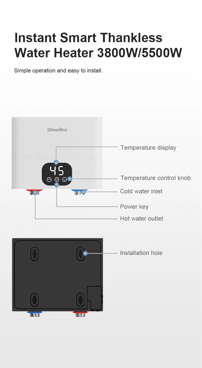 Briwellna Mini Tankless Electric Water Heater 110V/220V Under Sink Instant Hot Water Oversink Instantaneous Water Heater