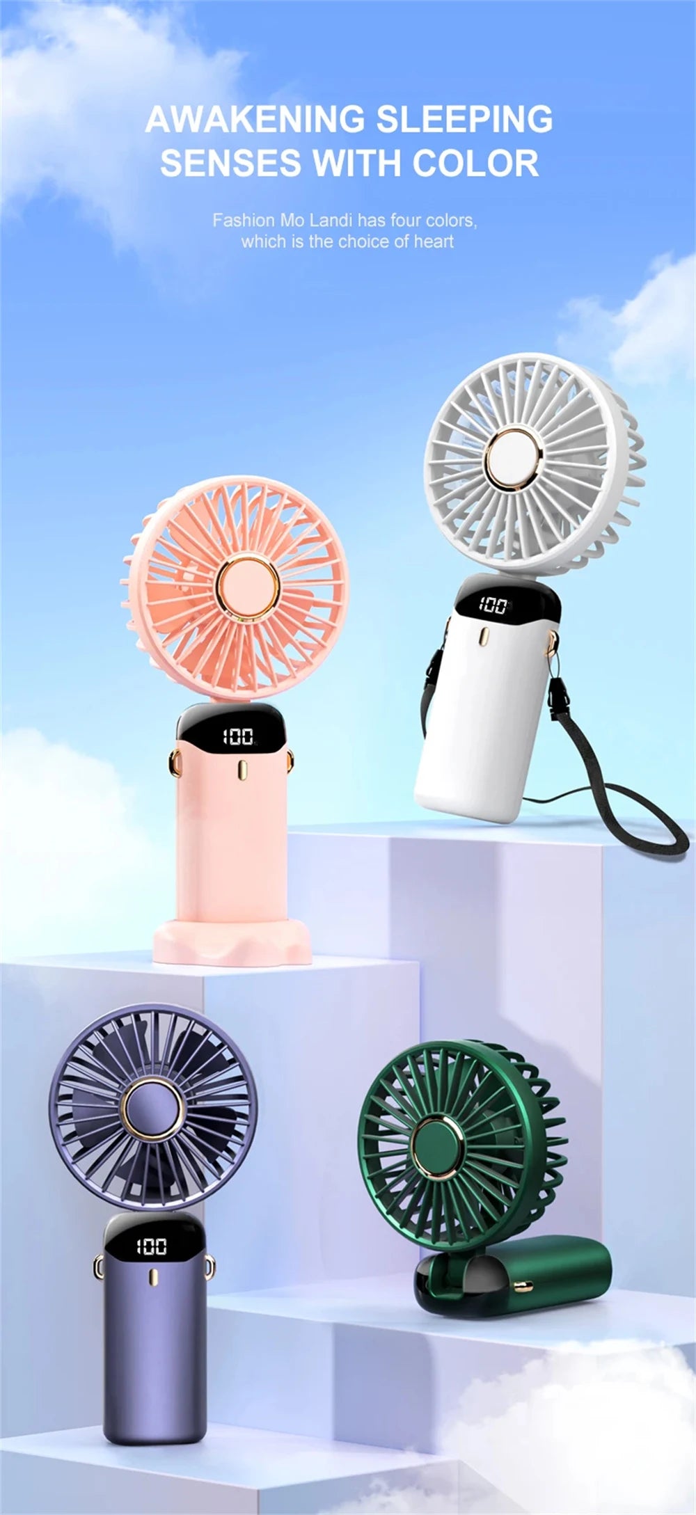 4000mAh Handheld Mini Fan Foldable Portable Neck Hanging Fans 5 Speed USB Rechargeable Fan with Phone Stand and Display Screen