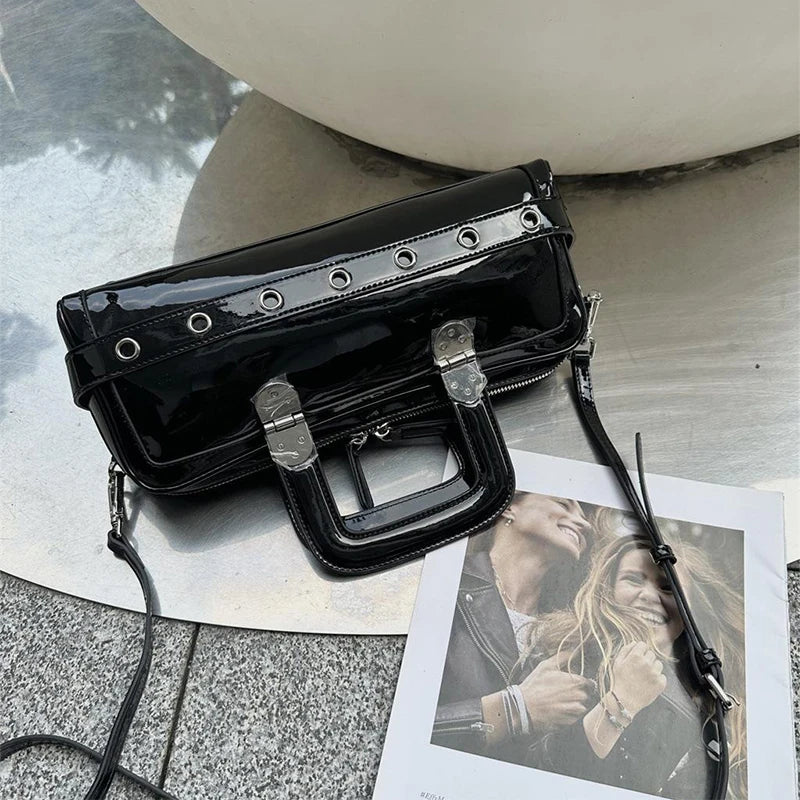 Black Patent Leather Handbag, Fashion Belt Buckle Crossbody Bag Silver Hardware Accessories Square Motorcycle Bag For Cool Girl