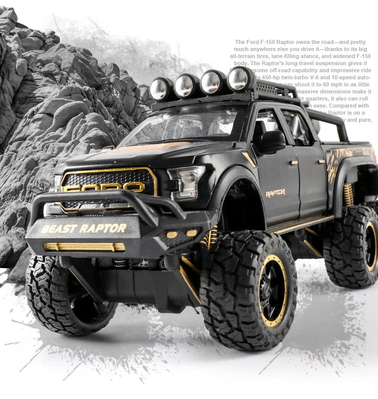 1:24 Pickup Trucks for Boys F150 Raptor Diecast Metal Model Car with Sound and Light for Kids Age 3 Year and up Blue