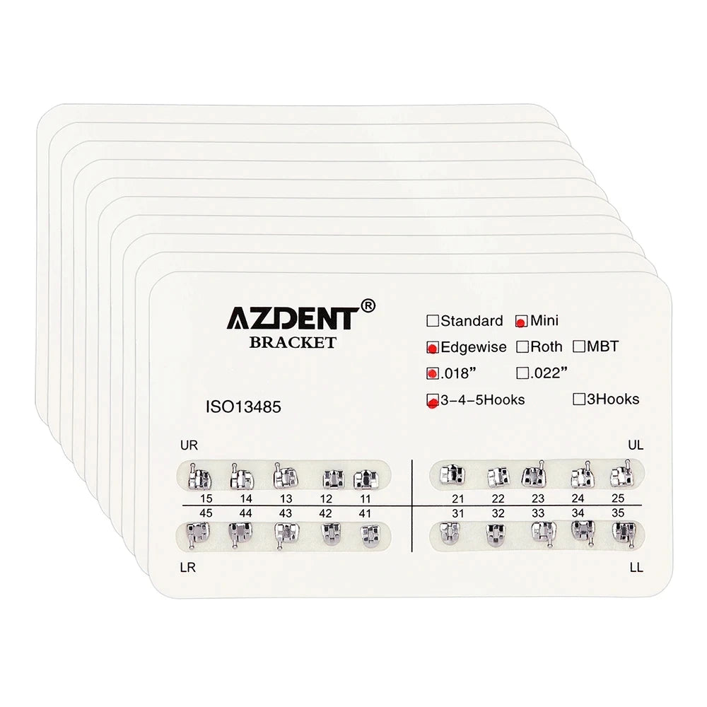 AZDENT 10Packs Dental Brackets Orthodontic Brace Metal Mini Standard Roth MBT Slot 0.022 0.018 Hooks 3-4-5 20pcs per Pack