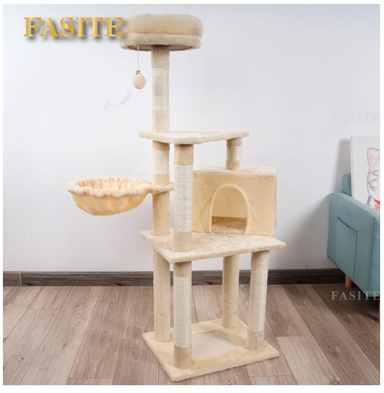 Cat Tower Hammock Cat Tree House Toy Bed Basket Big Condo Tunnel Home Ball Ceiling Ramp Outdoor Nest Swing Wooden Supplies Pet