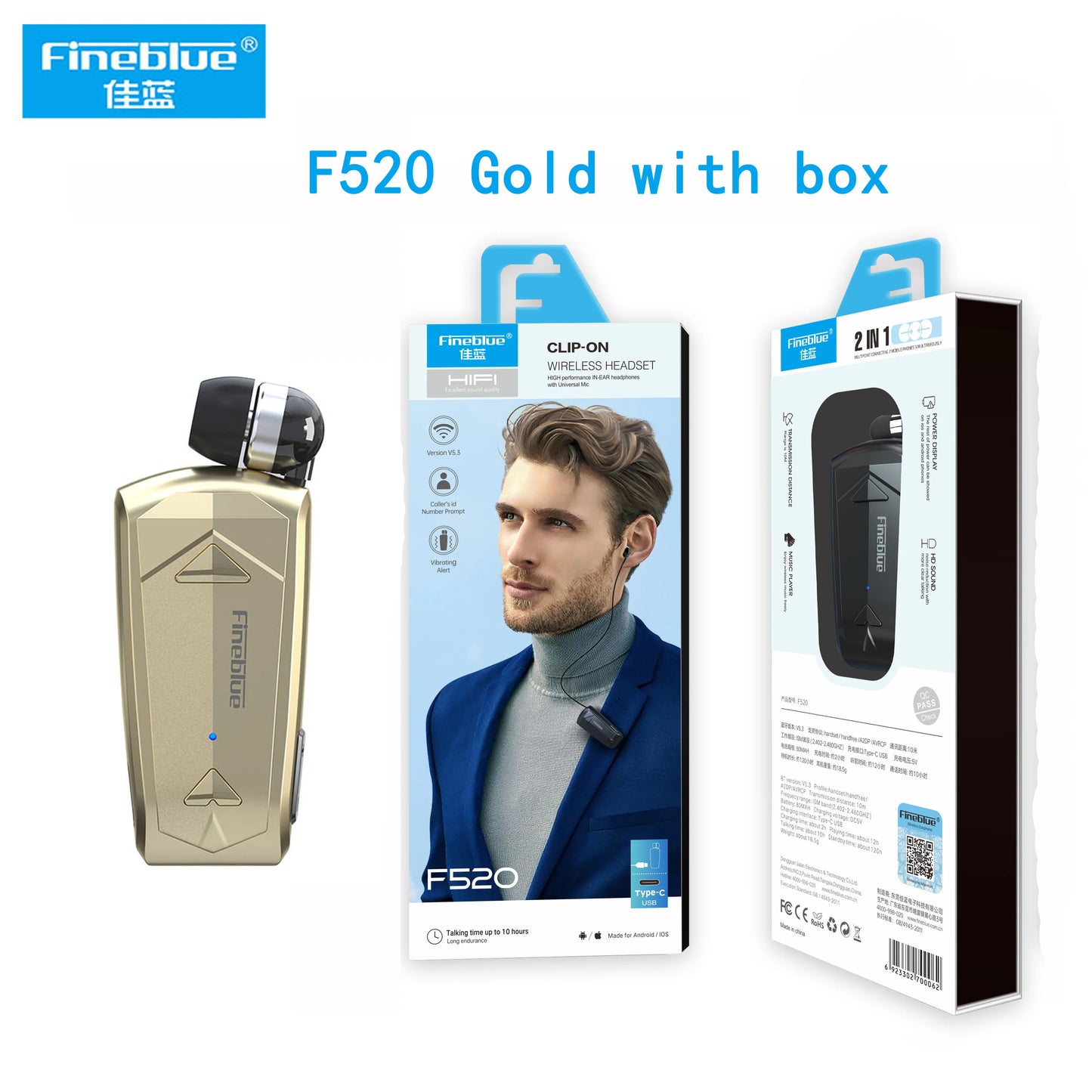 2022 Fineblue F520 Mini Wireless Earphone Bluetooth 5.3 Retractable Portable Headset Calls Remind Vibration Sport Run Headphone