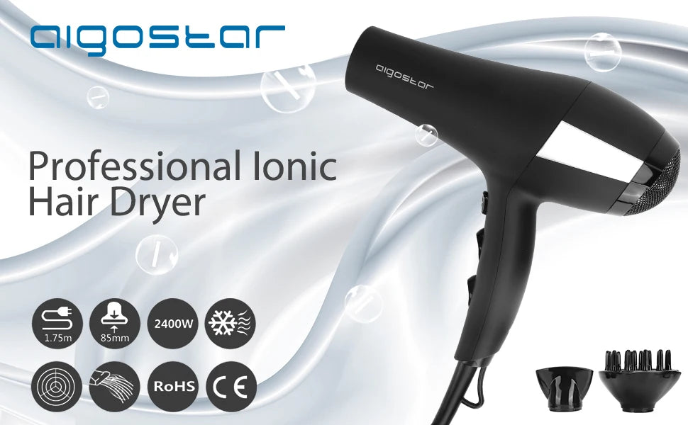 AIGOSTAR professional hair dryer ion, 2 speeds and 3 temperature settings, including diffuser and air concentrator nozzle, overheating protection.2400w