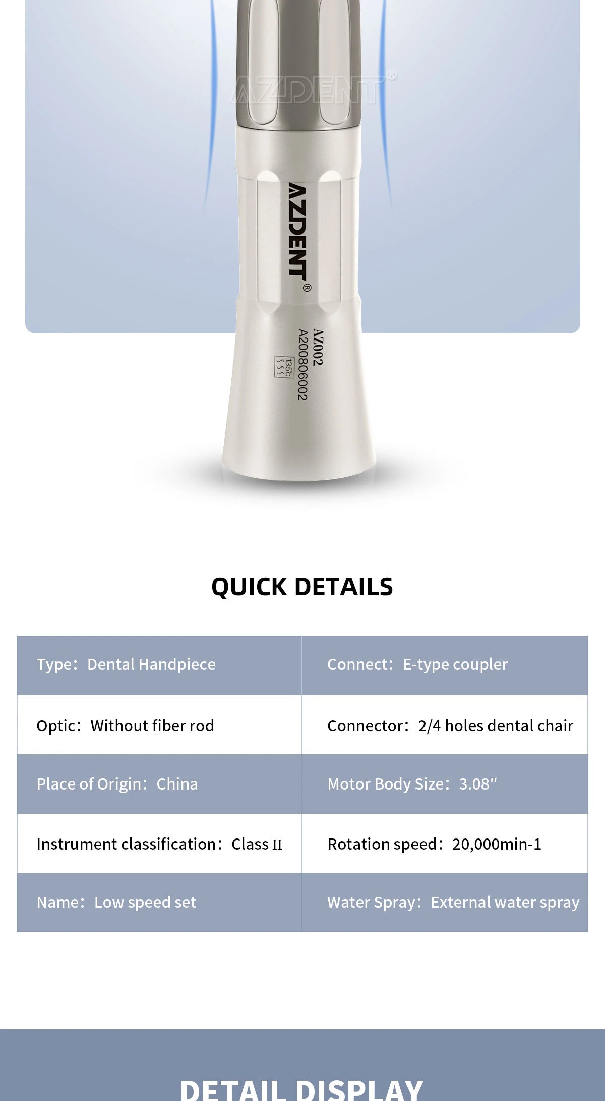 1PC AZDENT Dental Low Speed Handpiece 1:1 Contra Angle for ø2.35mm CA Burs Push Button Straight NoseCone Air Motor 2/4 Holes