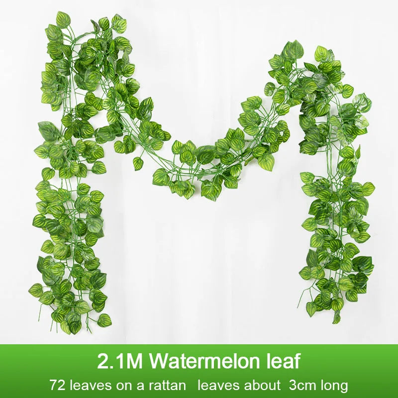 2.1M Artificial Plant Green Ivy Leaf Garland Silk Wall Hanging Vine Home Garden Decoration Wedding Party DIY Fake Wreath Leaves