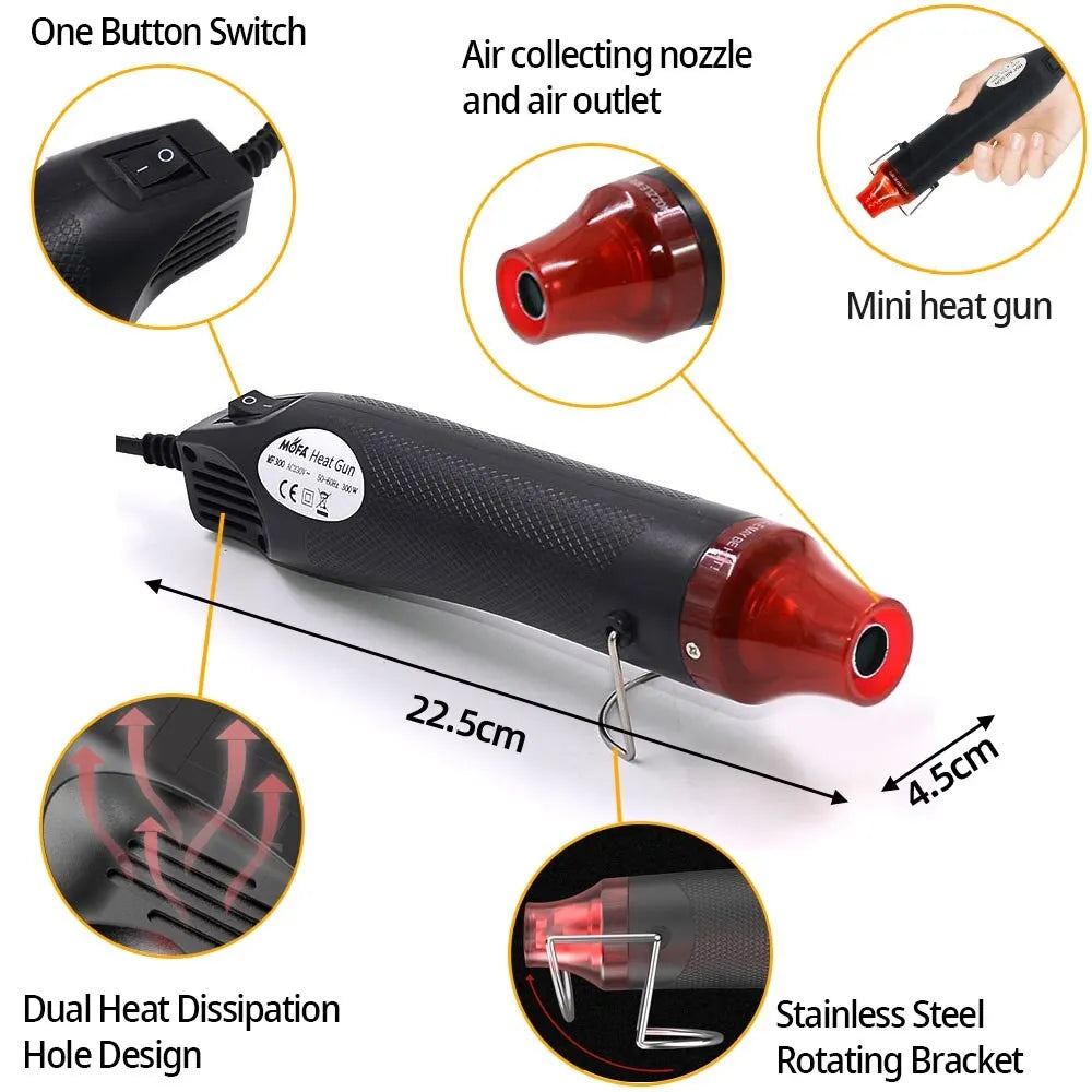 300W Heat Gun Hot Air Electrical Power Mini Gun Blower Handheld with Heat Shrink Butt for DIY Soldering Craft Embossing Wrapping