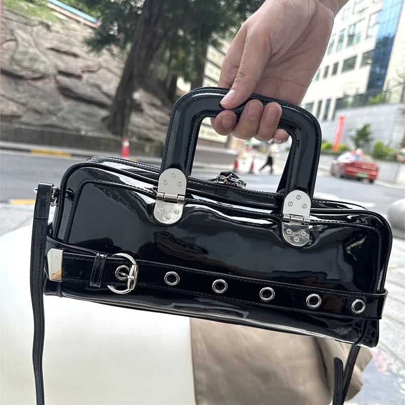 Black Patent Leather Handbag, Fashion Belt Buckle Crossbody Bag Silver Hardware Accessories Square Motorcycle Bag For Cool Girl