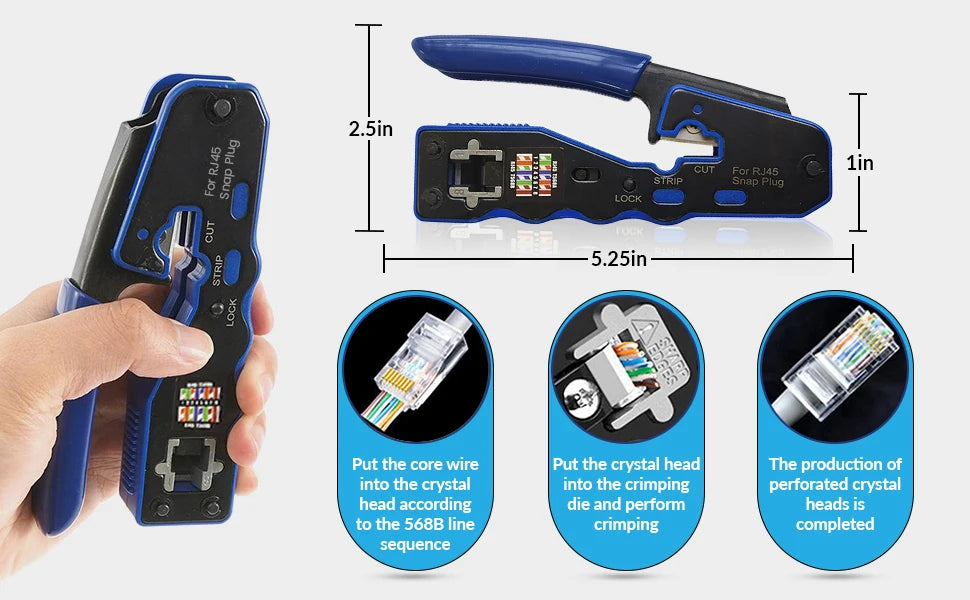 ZoeRax RJ45 Crimp Tool Pass Through Crimper Cutter for Cat6a Cat6 Cat5 8P8C Modular Connector Ethernet All-in-one Wire Tool