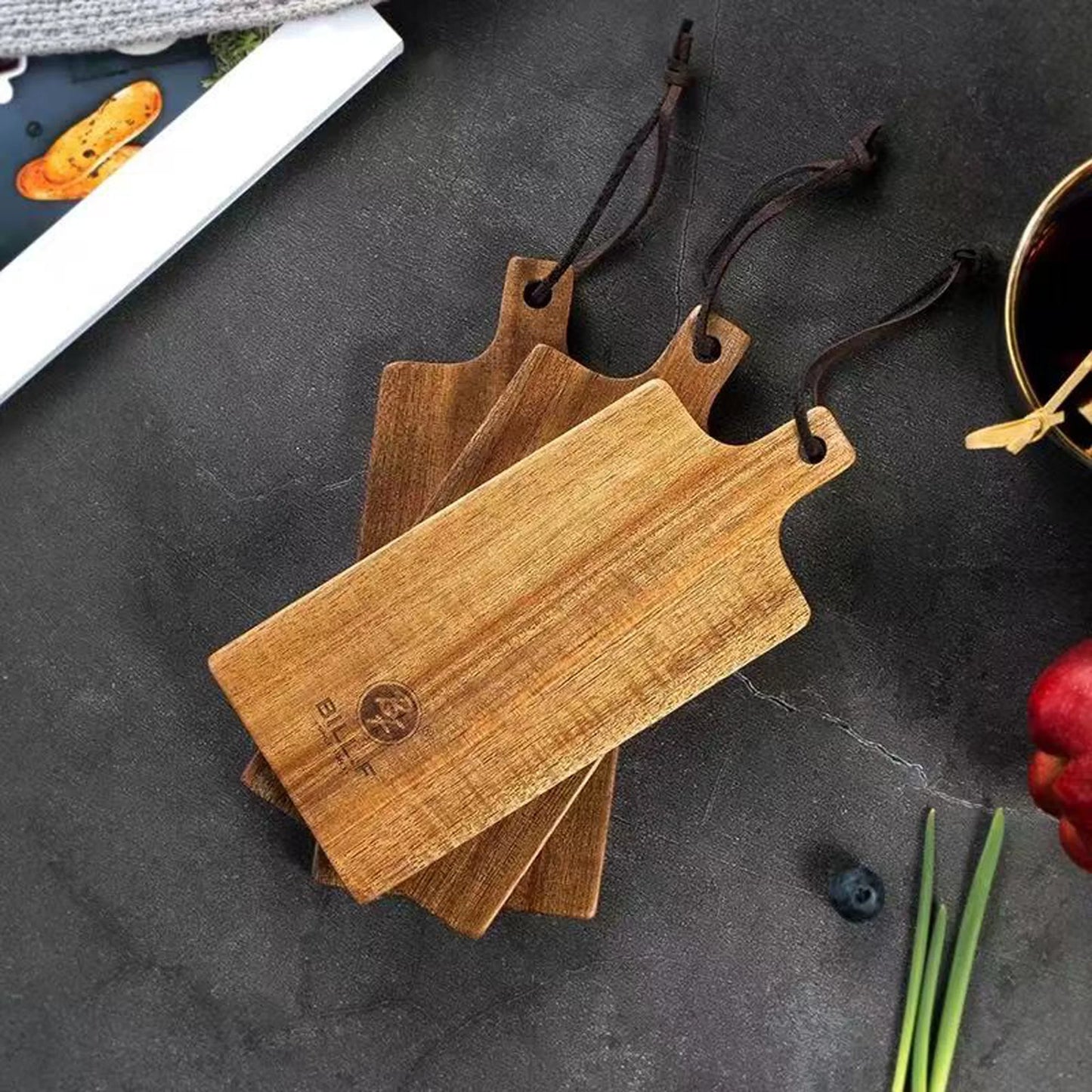 3-piece set of mini lovewood cutting board, wooden meat platter, paddle shaped cheese board, supply board