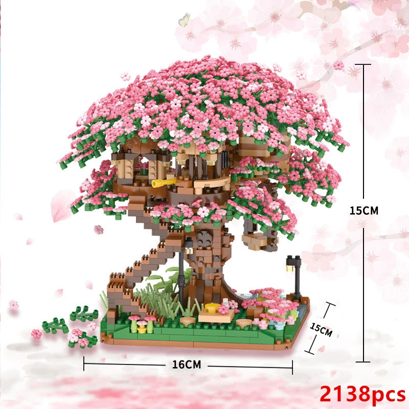 2138pcs DIY Discoloration Cherry Blossom Flower Pink Tree House Train Assembly Building Blocks Classic Model Bricks Sets Kid