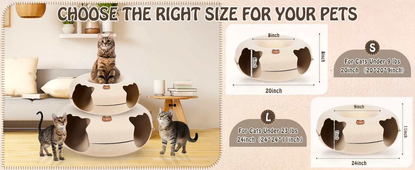 Cat Tunnel Bed for Cats Peekaboo Cat Cave Dual-Opening Cat Cave for Medium Large Cats Scratchable Donut Cat Bed Cat Donut Tunnel