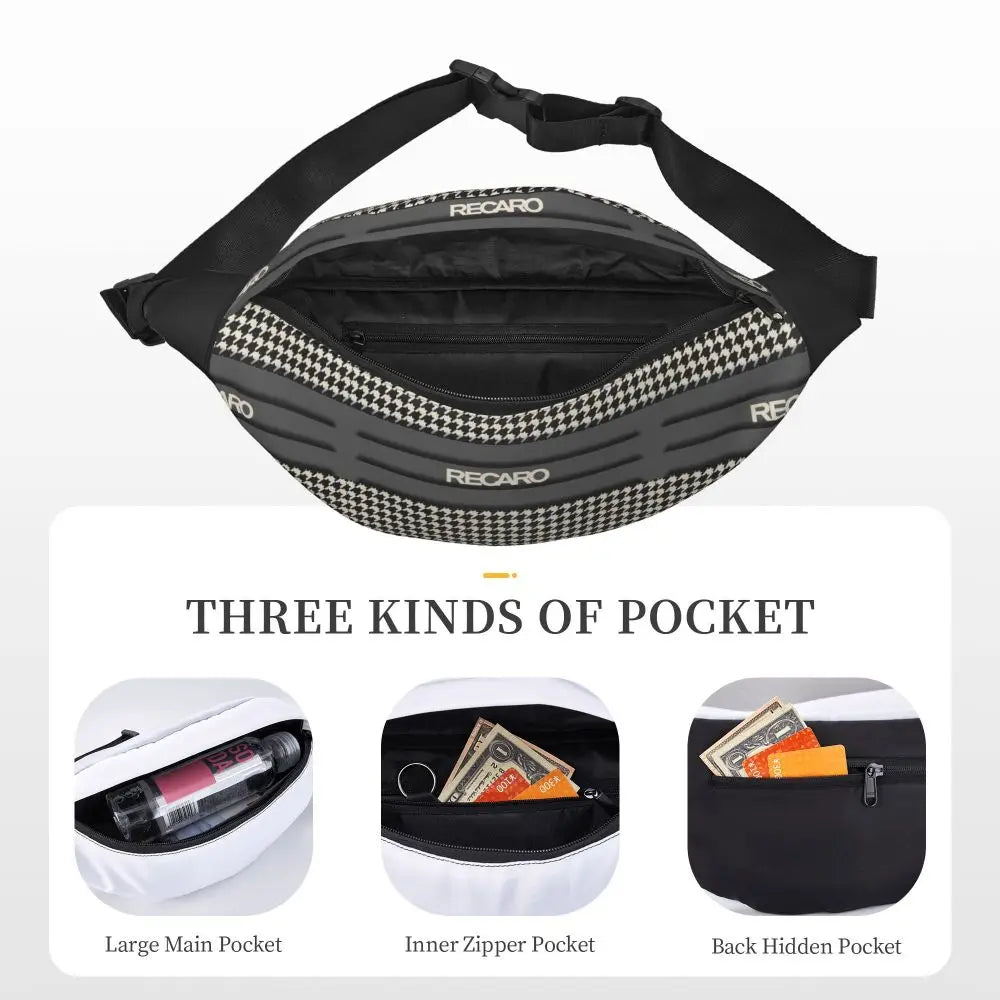 Casual Recaro Houndstooth Fanny Pack for Traveling Women Men Sling Crossbody Waist Bag Phone Money Pouch