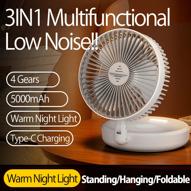 2024 New 5000mAh Rechargeable Table Fan Portable Air Conditioner Wall Mounted Fan 90° Folding Fan 4 Gears with Warm Night Light