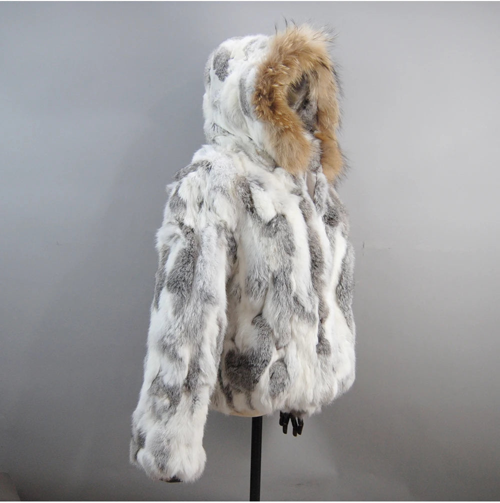 2025 Russian Women Real Rabbit Fur Coats Winter Warm 100% Natural Rabbit Fur Jacket Lady Warm With Raccoon Fur Hooded Outerwear