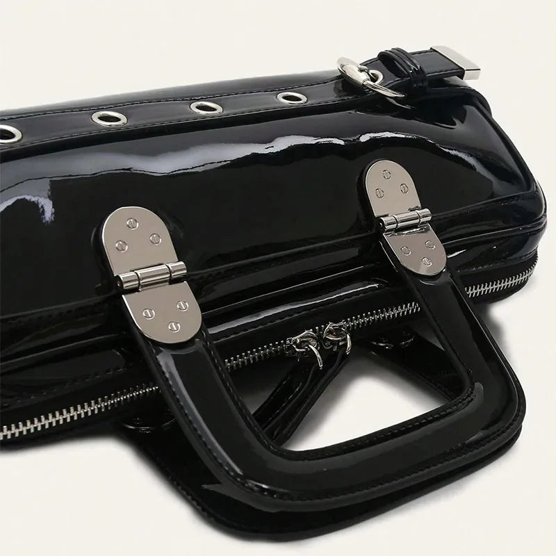 Black Patent Leather Handbag, Fashion Belt Buckle Crossbody Bag Silver Hardware Accessories Square Motorcycle Bag For Cool Girl