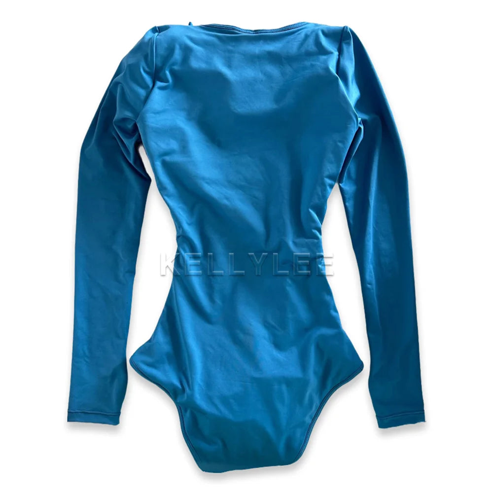 Blue Long Sleeve Shaped Up Summer Bodysuits Thong Tummy Control with Bra Seamless Sexy Triangle Fajas Classic Swimsuit Shapewear