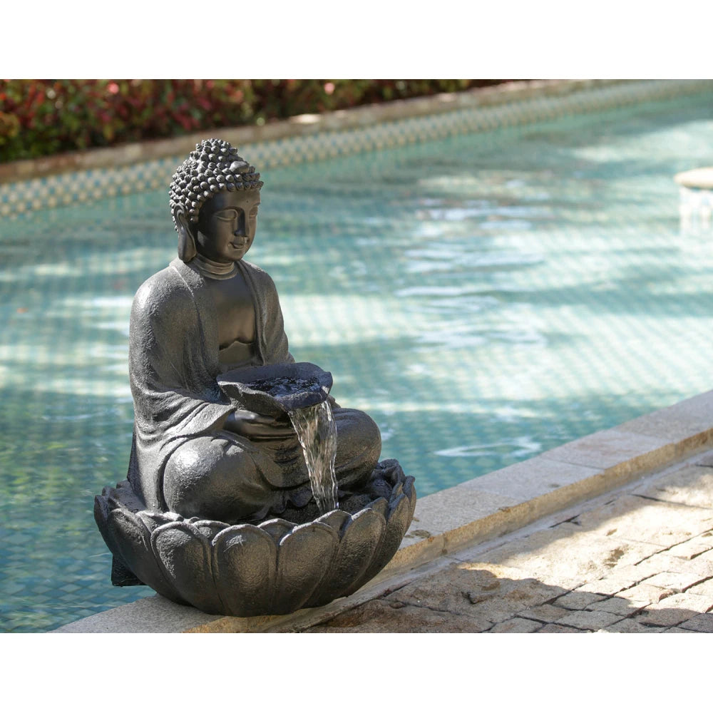 24x20.5x34" Dark Gray Buddha Statue Water Fountain, Indoor Outdoor Polyresin Fountain with Light