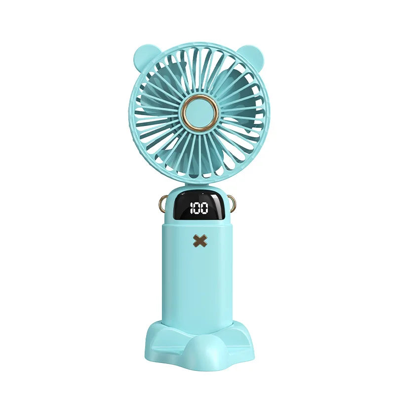 3000mAh Handheld Mini Fan Foldable Portable Neck Hanging Fans 5 Speed USB Rechargeable Fan with Phone Stand and Display Screen